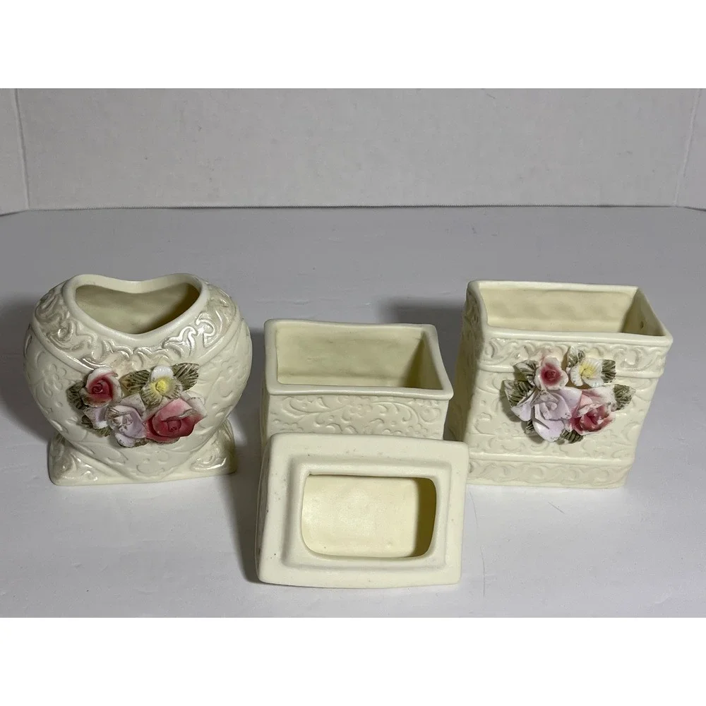 Vintage 90s Ceramic Vanity Set Cottagecore Heart Vase Trinket Box Brush Holder